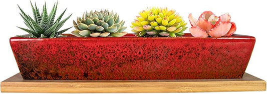 ARTKETTY Succulent Pots, 9.8 Inch Ceramic Succulent Planters with Drainage Small Bonsai Pot with Bamboo Tray, Mini Cactus Flower Planter Pot Shallow Rectangular Window Planters for Indoor Plants
