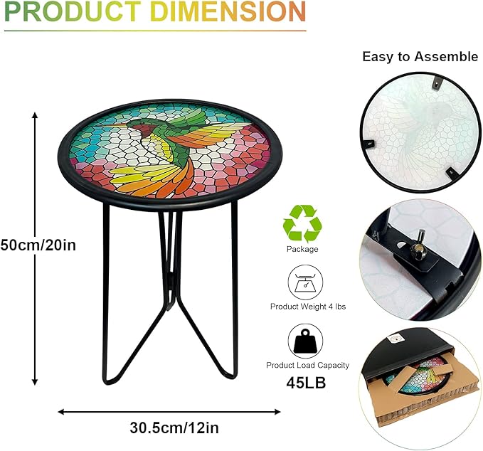 HONGLAND Outdoor Side Table, Small Mosaic Patio Table, 12" Round Metal Side Table End Table, Glass Plant Stand, Small Bistro Coffee Table Plant Stand for Garden Yard Porch Living Room（Hummingbird）