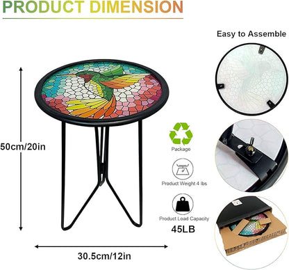 HONGLAND Outdoor Side Table, Small Mosaic Patio Table, 12" Round Metal Side Table End Table, Glass Plant Stand, Small Bistro Coffee Table Plant Stand for Garden Yard Porch Living Room（Hummingbird）