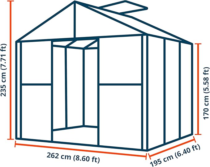 Greenhouse Rubin 3 Aluminum Frame 8.6 x 6.4 ft with Approx. 10 mm Polycarbonate Panels - with 2 Extra Skylights and 2 Automatic Window Openers