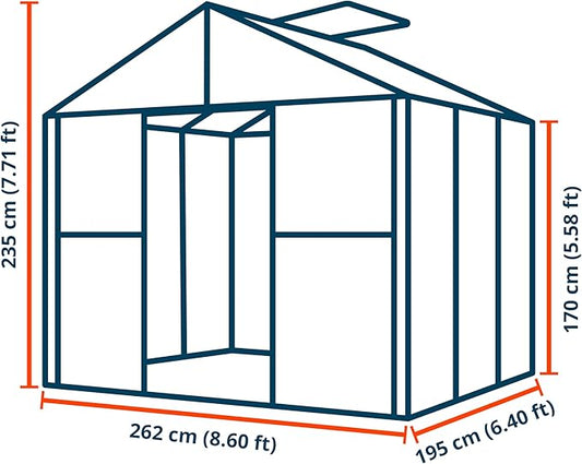 Greenhouse Rubin 3 Aluminum Frame 8.6 x 6.4 ft with Approx. 10 mm Polycarbonate Panels - with 2 Extra Skylights and 2 Automatic Window Openers