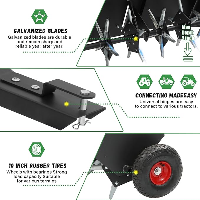 Doniks 48-Inch Tow Behind Lawn Plug Aerator with Universal Hitch, Lawn Aerator Tow Behind with 30 Galvanised Steel Tines,Tray and Inflatable Wheels for Gardens, Lawns, Farms