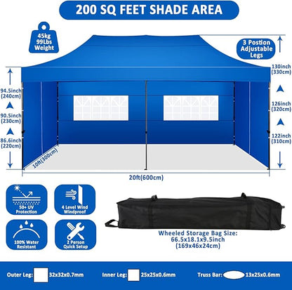 COBIZI 10x20 Pop Up Canopy with 6 Sidewall,Heavy Duty Canopy UPF 50+ All Season Wind Waterproof Commercial Outdoor Wedding Party Tents for Parties Gazebo with Roller Bag(10 x 20 ft Blue)