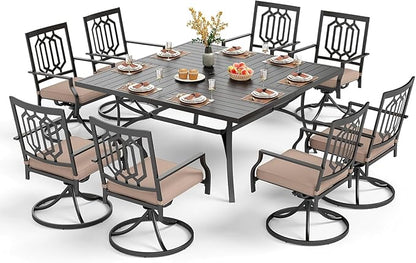 PHI VILLA 9 Piece Outdoor Dining Set for 8, Square Metal Table (60") with Umbrella Hole and Swivel Chairs with Cushions– Perfect for Patio, Garden, Deck, Porch, and Backyard