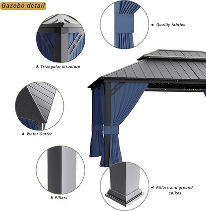 12’x20’ Hardtop Gazebo Outdoor Aluminum Frame Permanent Gazebo Galvanized Steel Double Roof Gazebos with Nettings and Curtains for Patio, Lawns,Backyard, Deck(Navy)