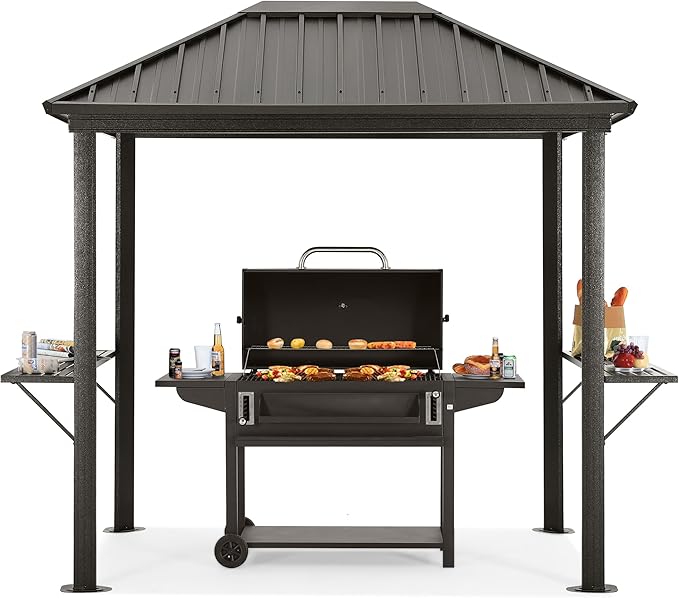ABCCANOPY 6x8 Grill Hardtop Gazebo - Outdoor Permanent Barbecue Gazebo with Galvanized Steel Roof, Aluminum BBQ Canopy with Shelves for Patio, Lawn, Garden (Single Roof, Gray)