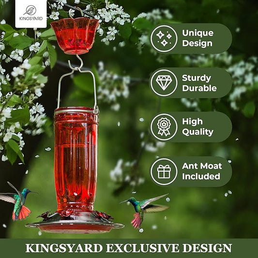 Kingsyard 2 Pack Glass Hummingbird Feeder for Outdoors, 16 Oz Wild Bird Feeder with 6 Feeding Ports Hanging for Garden Yard, Red (Ant Moat Included)
