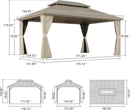PURPLE LEAF 12' x 16' Outdoor Hardtop Gazebo, Champagne Aluminum Frame with Galvanized Steel Double Roof, Curtains and Netting for Patio Lawn and Garden