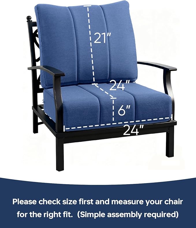 Luxury 24x24x6 Inch Kitty Outdoor Cushions for 5 Peice Patio Set - Set of 5 Outside Deep Seat Cushion for Porch Furniture Dining Rocking Glider Loveseat Sectional Sofa - Navy Blue