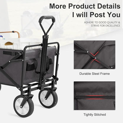 Collapsible Wagon Folding Wagon Garden Cart with Large Capacity, Portable Utility Wagon Cart Heavy Duty for Beach Camping Shopping Garden (Grey)