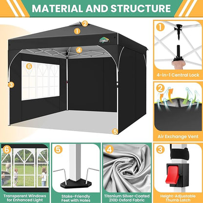 COBIZI 10x10 Pop up Canopy, Canopy Tent 10x10 with 3 Sidewalls, 1 Person Easy Set up，Tents for Parties, Outdoor Tent with Fluorescent Strip & 4 Sandbags, Waterproof, 3 Adjustable Height（Black）