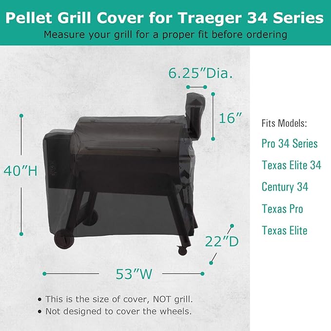 SunPatio Outdoor Heavy Duty Waterproof Grill Cover Compatible with Traeger 34 Series Wood Pellet Grill and Smoker, Texas and More, Full Length Barbecue Cover, All Weather Protection, Black