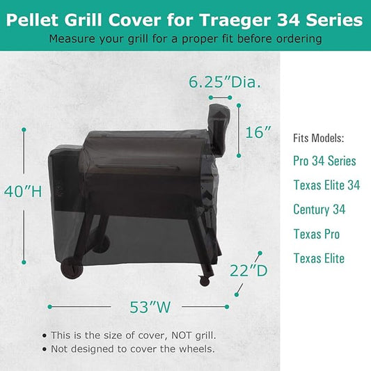SunPatio Outdoor Heavy Duty Waterproof Grill Cover Compatible with Traeger 34 Series Wood Pellet Grill and Smoker, Texas and More, Full Length Barbecue Cover, All Weather Protection, Black