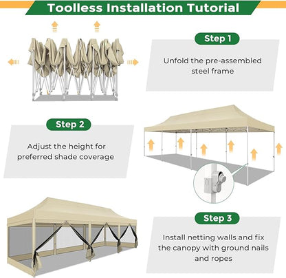COBIZI 10x30 Heavy Duty Pop Up Canopy Tent with 8 Sidewalls, Commercial Gazebo Party Tent with Mosquito Netting Wall Easy Set Up Outdoor Instant Screen Tent for Backyard, Patio, Garden, Khaki