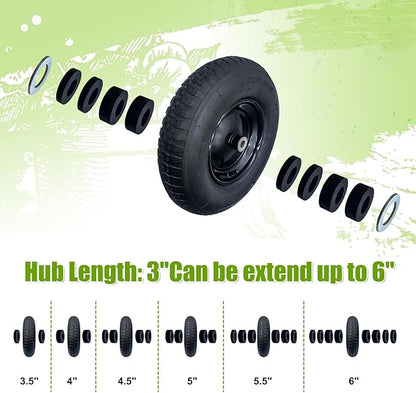 2-Pack 4.80/4.00-8" Pneumatic Wheelbarrow Wheel and Tires with 3"- 6" Center Hub and 3/4" Bushings for Wheelbarrow and Yard Cart Garden Wagon, Black