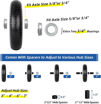 4.80/4.00-8" Wheelbarrow Tire, 16" Flat-Free Solid Tire and Wheel, 3-6" Centered Hub, 5/8" & 3/4" Bearing, For Broadcast Spreader Garden Wagon Cart Trolley Dolly Lawn Mover (1 Pack)