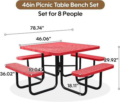 46Inch Square Picnic Table for 8 Person, Outdoor Heavy Duty Sturdy Picnic Tables with 4 Benches & Umbrella Hole, Commercial Metal Patio Picnic Table for Garden, BBQ, Coffee Store, Party, Porch (Red)