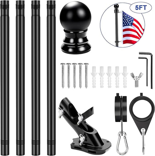 REERON House Flag Pole, 5 FT Metal Spinning Flag Poles Kit, 1" Tangle Free Stainless Steel Flagpole with 360° Flag Rings & 2-Position Holder Bracket for Outside House Porch Wall Mount for 3x5 Flag