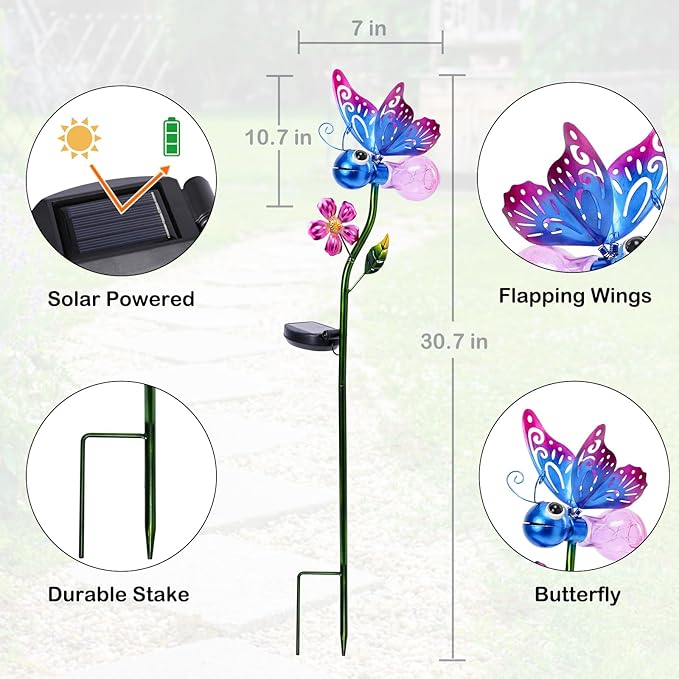 Afirst Decorative Solar Lights Outdoor Solar Butterfly Stake Lights Metal Decorative Garden Lights Outdoor Waterproof Stakes for Pathway Yard Lawn Decoration Mothers Day Mom Gifts