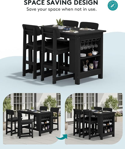 SERWALL Outdoor Bar Table and Chairs Set, 3-Piece HDPE Counter Height Patio Dining Sets with Storage and Wine Rack, Rectangular High Top Bar Table with 2 Bar Stools for Garden, Backyard, Black