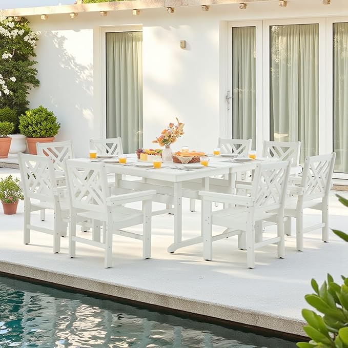 10 Piece HDPE Outdoor Dining Set for 8, Patio HDPE Furniture Set with 2 Table and Umbrella Hole, Outdoor Table and Chairs for Garden, Poolside, Backyard, Deck