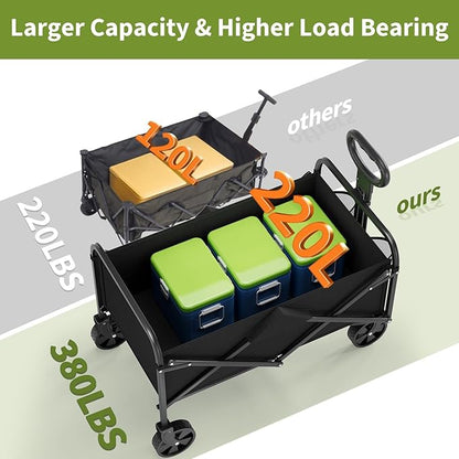 Collapsible Wagon Cart 380Lbs Capacity, Foldable Utility Portable Beach Wagon with All-Terrain Wheels, Adjustable Handle & Drink Holders, Carts with Wheels for Grocery, Camping, Shopping, Garden Cart
