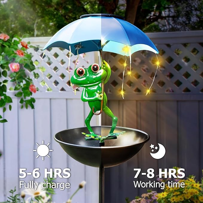 Solar Bird Feeder Frog Garden Decor, Outdoor Solar Lights Frog Figurine Lights with Umbrella, Hummingbird Feeder Decorative Path Lights Yard Art Ornament Bird Feeder (Frog)