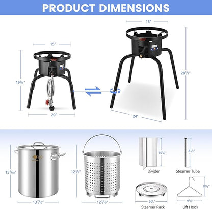 ARC 40QT Turkey Fryer Pot With Basket Kit, Stainless Steel Tamale Steamer Pot And Cast Iron Propane Burner 65,000BTU With Adjustable Legs, Crawfish Boil Seafood Boil Pot Propane Stove For Outdoor