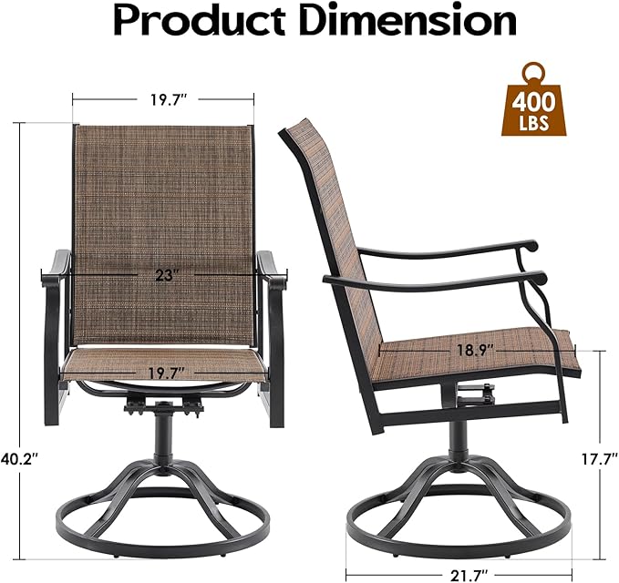 Swivel Patio Chairs Set of 4, Outdoor Patio Dining Chairs with Padded Textilene, Swivel & Rocker Metal Outdoor Dining Chair All-Weather for Backyard, Brown Fabric with Black Frame