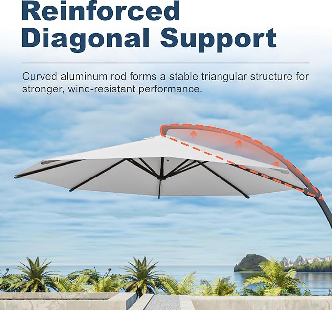 11FT Cantilever Umbrella with Base Large Curvy Outdoor Aluminum Offset Umbrella w/ 360° Rotation, UV Resistant Canopy for Patio, Garden, Backyard, Light Gray