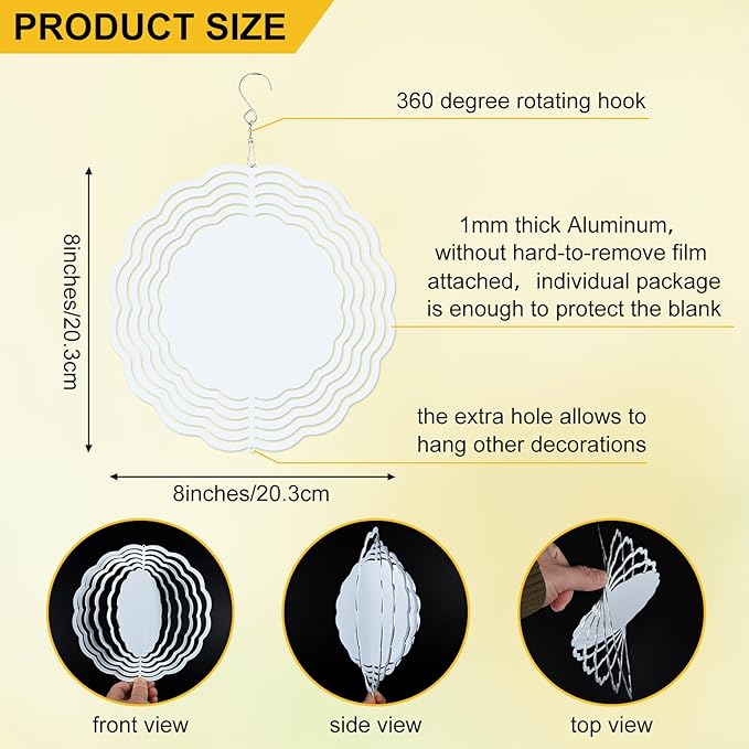 5 Pack Sublimation Wind Spinner 8 Inches Blanks 3D DIY Wind Sculptures Stainless Aluminum Hanging Ornaments Wind Powered Kinetic Trim Decor for Yards Gardens Windows Porch