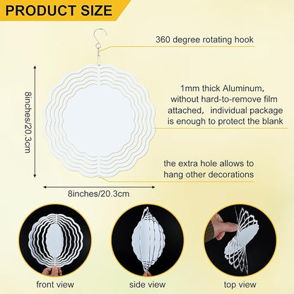 5 Pack Sublimation Wind Spinner 8 Inches Blanks 3D DIY Wind Sculptures Stainless Aluminum Hanging Ornaments Wind Powered Kinetic Trim Decor for Yards Gardens Windows Porch
