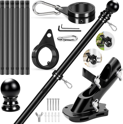 REERON Flag Pole for Outside House Porch Wall Mount, 7 FT 1" No Tangle Stainless Steel Spinning Flagpole Kit with 360° Metal Flag Pole Rings Clips & 2-Position Holder for 3x5' 4x6' American Flags