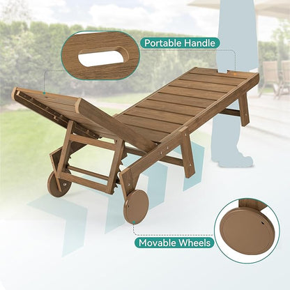 Outdoor Chaise Lounge Chairs with Table, 2-Piece, 26.8” Super Wide Lounge Chair Outdoor, HDPS Pool Chairs with 5 Positions, Patio Lounge Chair with Wheels for Pool,Lawn,Backyard, Brown