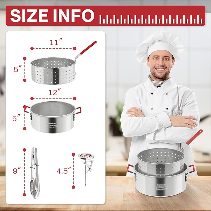 10QT Aluminum Fish Fryer Pot | with Lid & Tong | Deep Fryer with Basket | Indoor & Outdoor Cooking | All-Round Protection | Accessory Gift Pack | Perfect For Boiling ＆ Frying