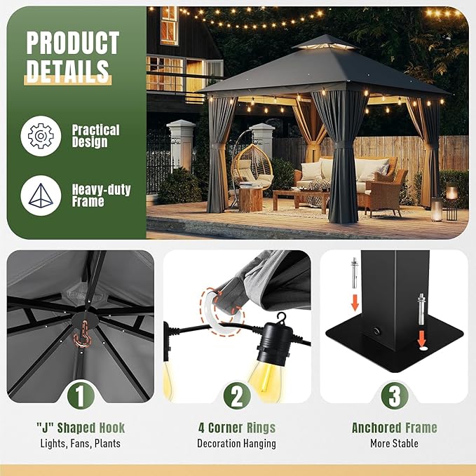 AOXUN Outdoor Gazebo for Patio 10x10, Metal Frame Canopy with Double Roofs, Heavy Duty Party Tent and Shelter with Mosquito Netting and Privacy Screen for Backyard, Lawn, Garden, Deck
