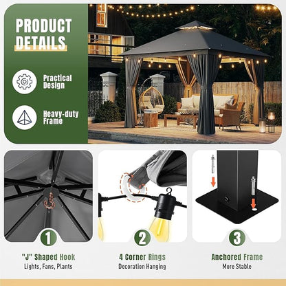 AOXUN Outdoor Gazebo for Patio 10x10, Metal Frame Canopy with Double Roofs, Heavy Duty Party Tent and Shelter with Mosquito Netting and Privacy Screen for Backyard, Lawn, Garden, Deck