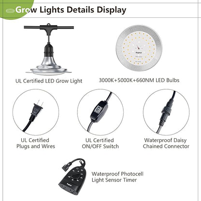 Espird Outdoor LED Grow Light with Timer, 6-Bulbs Full Spectrum Grow Light Strip, Waterproof Plant Lamps, UL Certified String Grow Lights for Greenhouse Garden, 21.3FT Light for Veg Seedling Flower