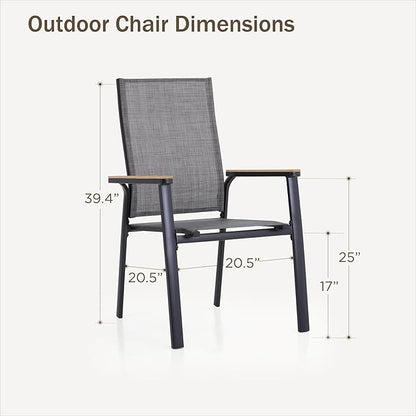 PHI VILLA Outdoor Stackable Chairs, Patio Chairs Set of 2, Light Weight Aluminum Frame with Textilene Fabric & Wood Armrest, High Back Deck Chairs for Poolside Lawn Garden, Gray
