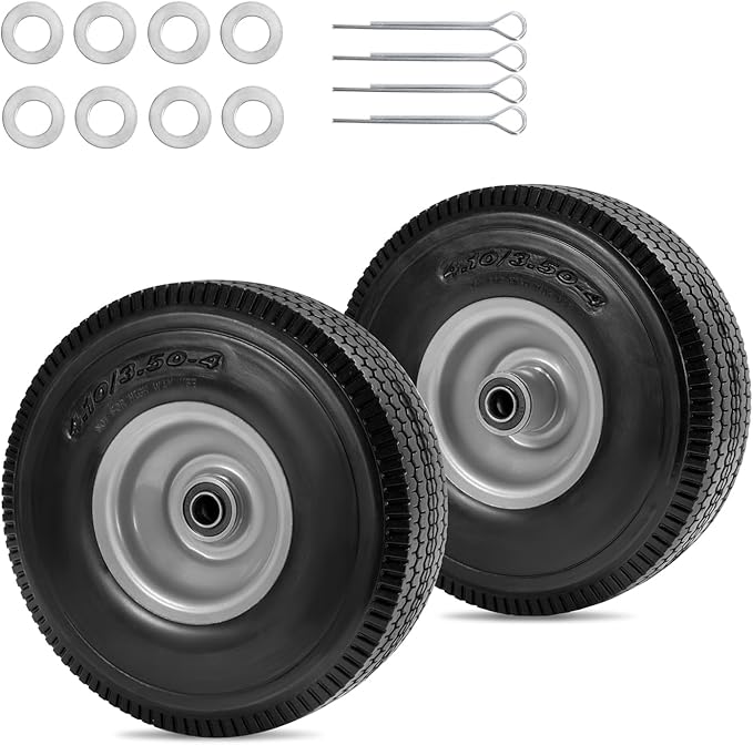 10" Solid Tire Replacement 4.10/3.50-4 Flat Free Tire and Wheel for Garden Carts, Hand Trucks, Wheelbarrows,10x3.50-4" with 5/8" Axle Bore & 2 1/4" Offset Hub (2 Pack)