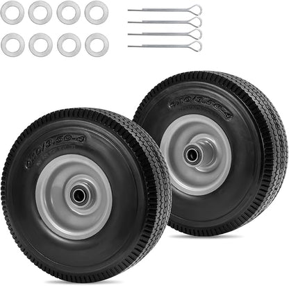 10" Solid Tire Replacement 4.10/3.50-4 Flat Free Tire and Wheel for Garden Carts, Hand Trucks, Wheelbarrows,10x3.50-4" with 5/8" Axle Bore & 2 1/4" Offset Hub (2 Pack)