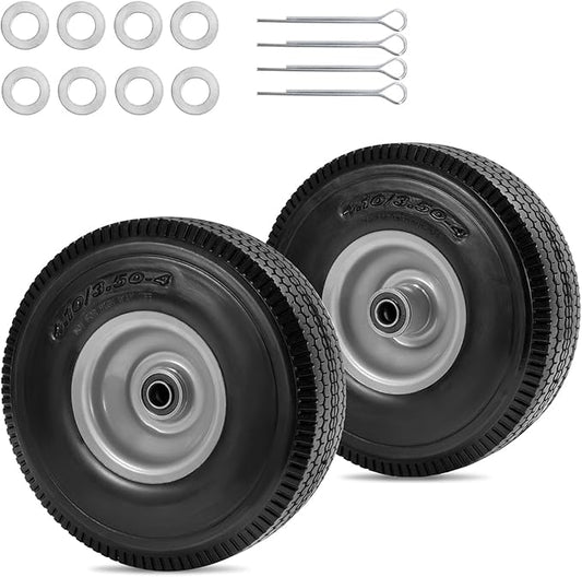 10" Solid Tire Replacement 4.10/3.50-4 Flat Free Tire and Wheel for Garden Carts, Hand Trucks, Wheelbarrows,10x3.50-4" with 5/8" Axle Bore & 2 1/4" Offset Hub (2 Pack)