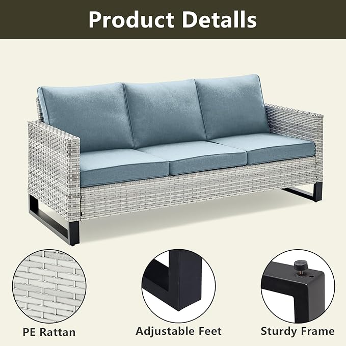 Rilyson Wicker Outdoor Patio Furniture Set - 6 Piece Patio Conversation Set with 2 Armrest Chairs,2 Rattan Ottoman,1 Couch and 1 Metal Side Table for Outside Porch Deck Backyard(Light Grey/Sky Blue)