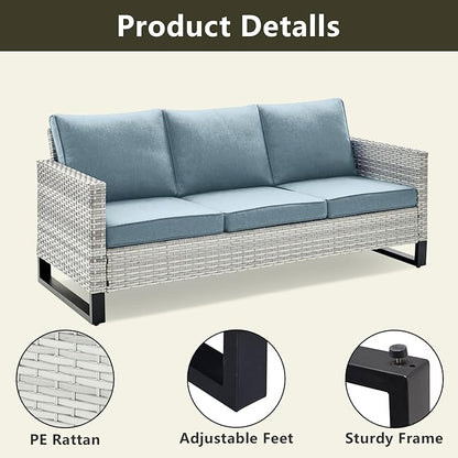 Rilyson Wicker Outdoor Patio Furniture Set - 5 Piece Patio Conversation Set with 2 Swivel Rocker Chairs,2 Rattan Ottoman and 1 Couch for Outside Porch Deck Backyard Garden(Light Grey/Sky Blue)
