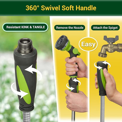 Garden Hose - Water Hose 25 FT with Swivel Handle, Flexible, Heavy Duty, No Kink, Lightweight Metal Hose for Outdoor, Yard, 304 Stainless Stee