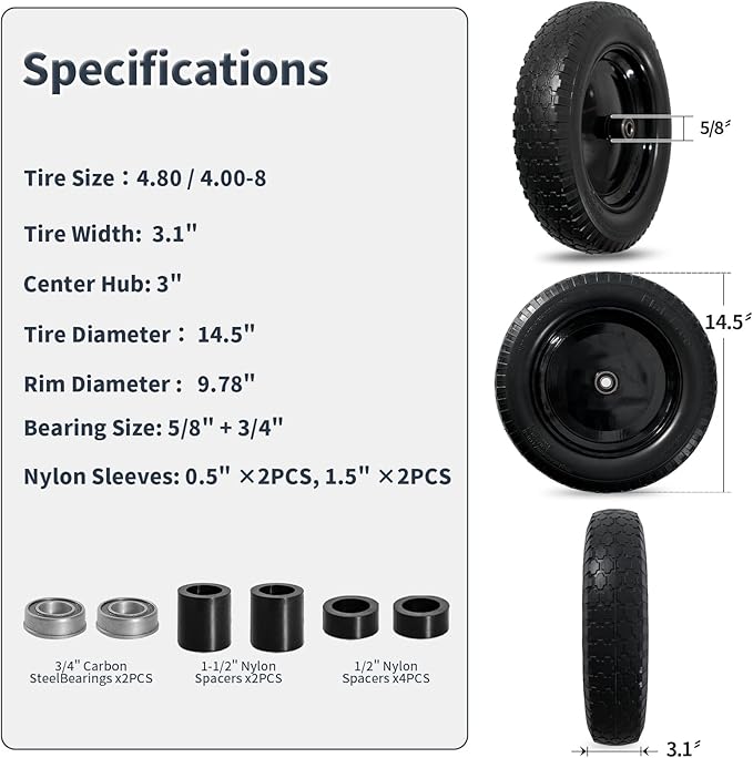 Wheelbarrow Tire 4.80/4.00-8 Flat Free Solid Tire Wheel 14.5 Inch, Replacement Heavy Duty Wheel, with 5.8" and 3.4" Bearings 3" Center Hub, fits Garden Cart, Dolly, Hand Truck, Trailer, Wagon, 2 Pcs