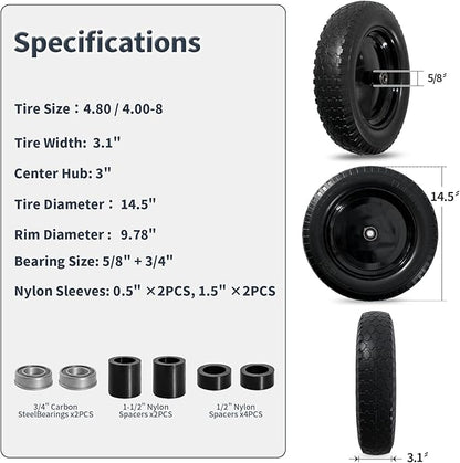 Wheelbarrow Tire 4.80/4.00-8 Flat Free Solid Tire Wheel 14.5 Inch, Replacement Heavy Duty Wheel, with 5.8" and 3.4" Bearings 3" Center Hub, fits Garden Cart, Dolly, Hand Truck, Trailer, Wagon, 2 Pcs