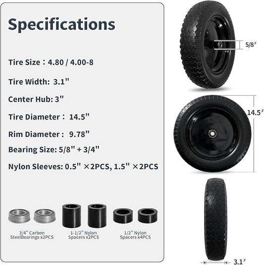Wheelbarrow Tire 4.80/4.00-8 Flat Free Solid Tire Wheel 14.5 Inch, Replacement Heavy Duty Wheel, with 5.8" and 3.4" Bearings 3" Center Hub, fits Garden Cart, Dolly, Hand Truck, Trailer, Wagon, 2 Pcs