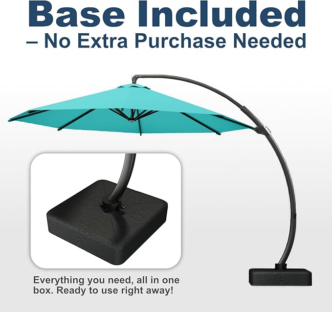 12FT Cantilever Umbrella with Base Large Curvy Outdoor Aluminum Offset Umbrella w/ 360° Rotation, UV Resistant Canopy for Patio, Garden, Backyard, Turquoise Blue