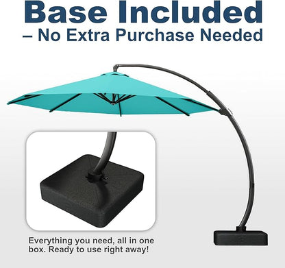 11FT Cantilever Umbrella with Base Large Curvy Outdoor Aluminum Offset Umbrella w/ 360° Rotation, UV Resistant Canopy for Patio, Garden, Backyard, Aqua Blue